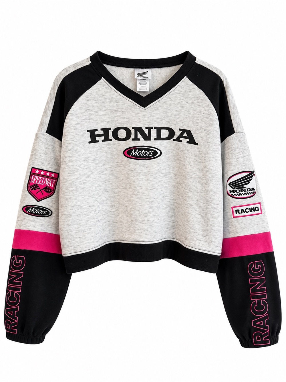 Honda Women's Gray V-Neck Racing Cropped Sweater with Pink Accents